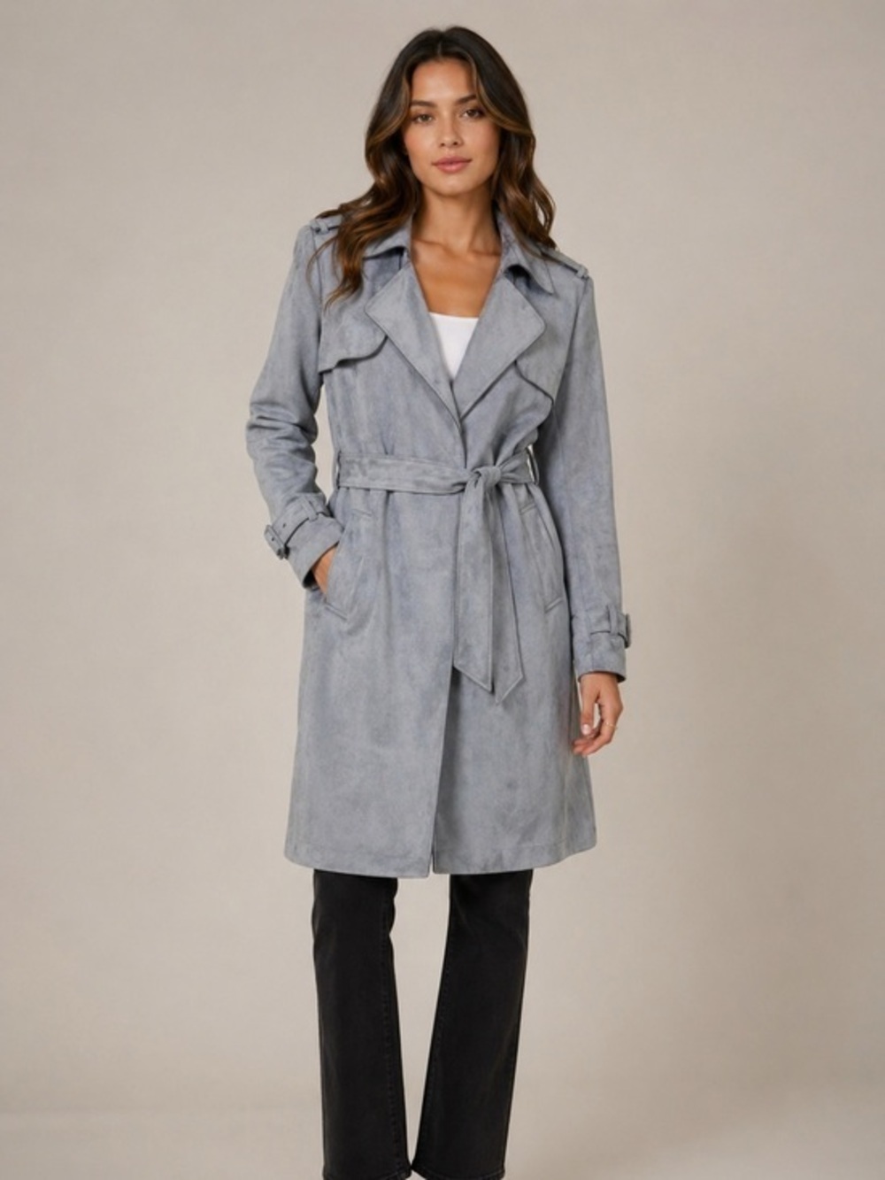 Philosophy Gray Medium Faux Leather Trench Coat Belted Classic Minimalist Chic